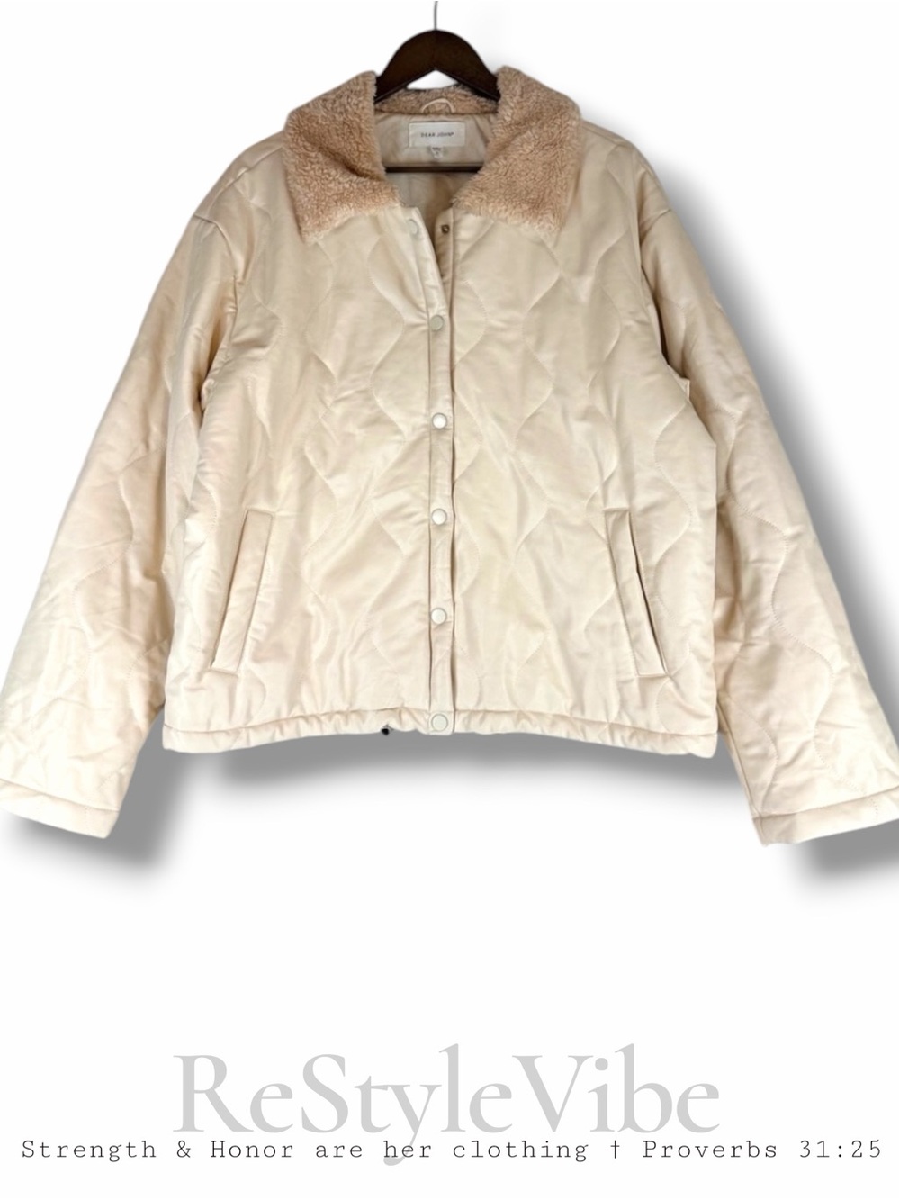DEAR JOHN Women’s Size L Jacket Coat Quilted Vegan Faux Leather Sherpa Collar